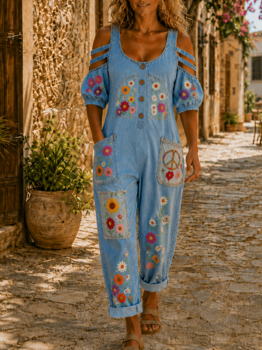 Women's Casual Short Sleeve Denim Patchwork Jumpsuit